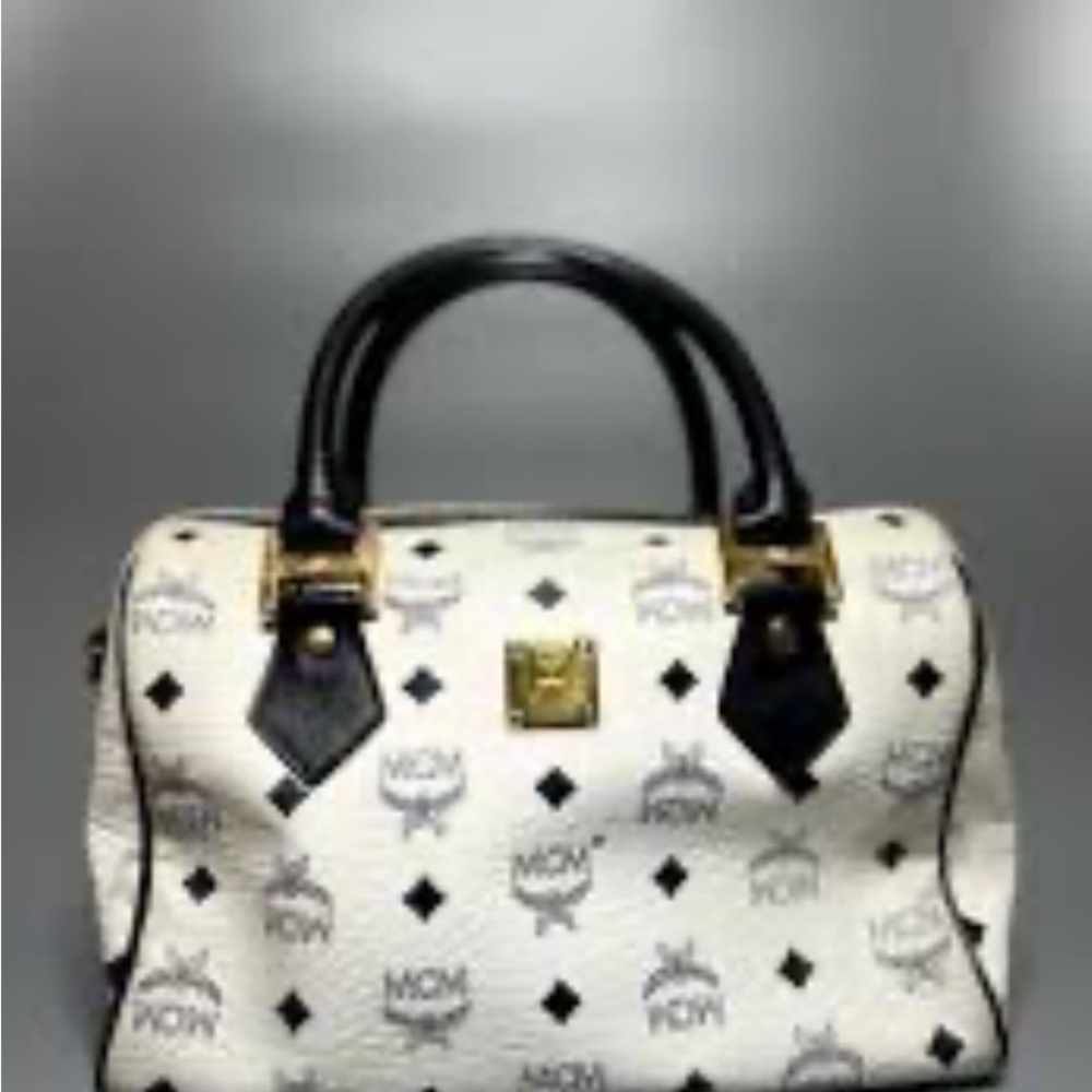 Authentic MCM White Logo Satchel with Handles- mini boston